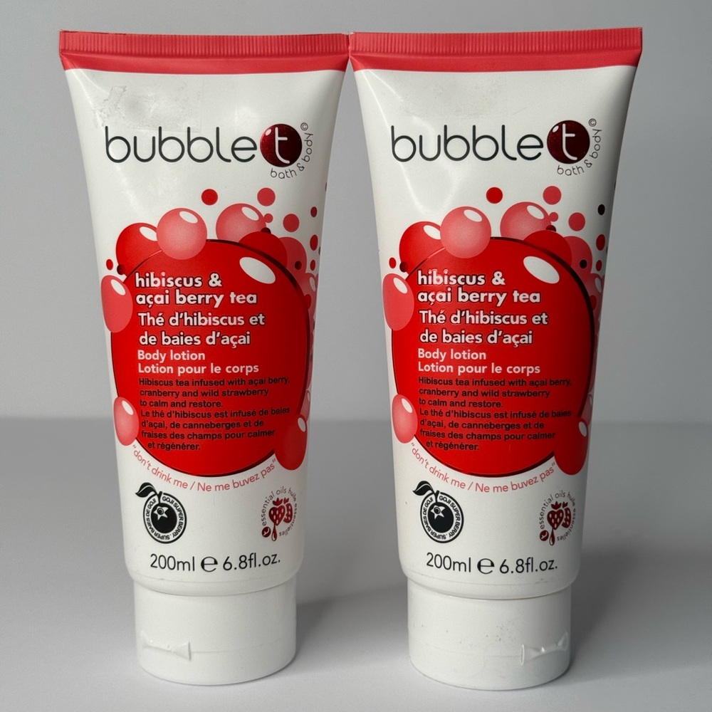 2 Bubble T Hibiscus & Acai Berry Tea Body Lotion 6.8 oz each